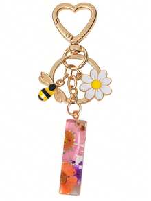 1pc Initial Letter Cute Bee & Flower Keychain, Heart Shaped Daisy Keyring Accessory, Decoration For Women Handbag Gift - Color - View 20