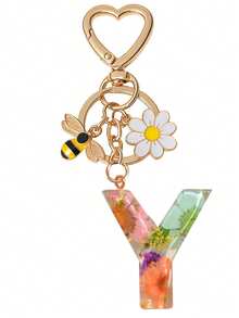 1pc Initial Letter Cute Bee & Flower Keychain, Heart Shaped Daisy Keyring Accessory, Decoration For Women Handbag Gift - Color - View 13
