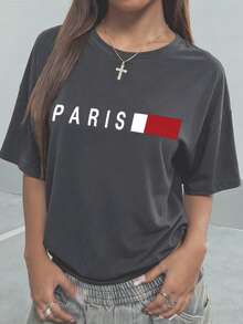 Women's Paris Letter Print Loose Comfortable Round Neck Casual Top, Summer - Dark Grey - View 4