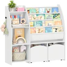 HaluPeit Kinderregal mit Zeitungsständer, Bücherregal Kinder mit 2 Säulen, 4 Ablagen, Spielzeugregal, Kinder mit Aufbewahrungsbox, für Kinderzimmer, Wohnzimmer, 30 x 105 x 100 cm, Weiß - Weiss - Übersicht 10