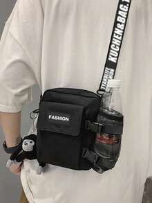 新款夏季男士尼龙单肩包，休闲斜挎包，简约方形包（所有织带图案和字母均为随机） - 黑色 - 查看 7
