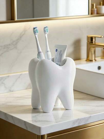 Soporte de cepillo de dientes creativo e interesante, taza con forma de diente grande y blanca para almacenar el cepillo de dientes, contenedor decorativo de cerámica para el escritorio que puede sostener el cepillo de dientes, pasta de dientes, maceta, jarrón, y otros suministros de baño. Decoración de baño feliz para el hogar en otoño y la temporada de regreso a clases.