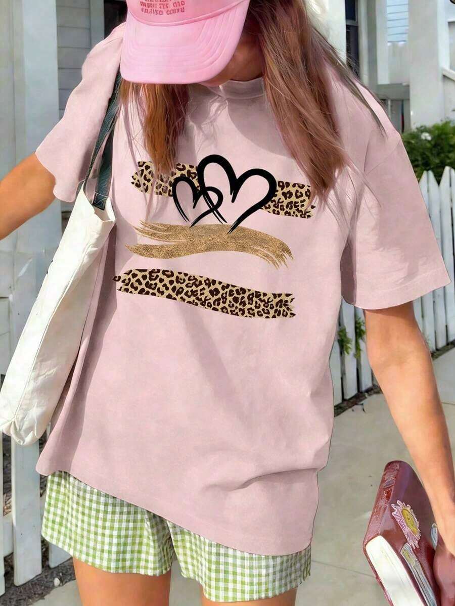 Summer TopsWomen's Summer New Simple Slogan Print Casual Vacation Style Loose Fit Round Neck Short Sleeve T-Shirt, Fashionable Everyday Top, Suitable - 淺粉色 - 查看 1