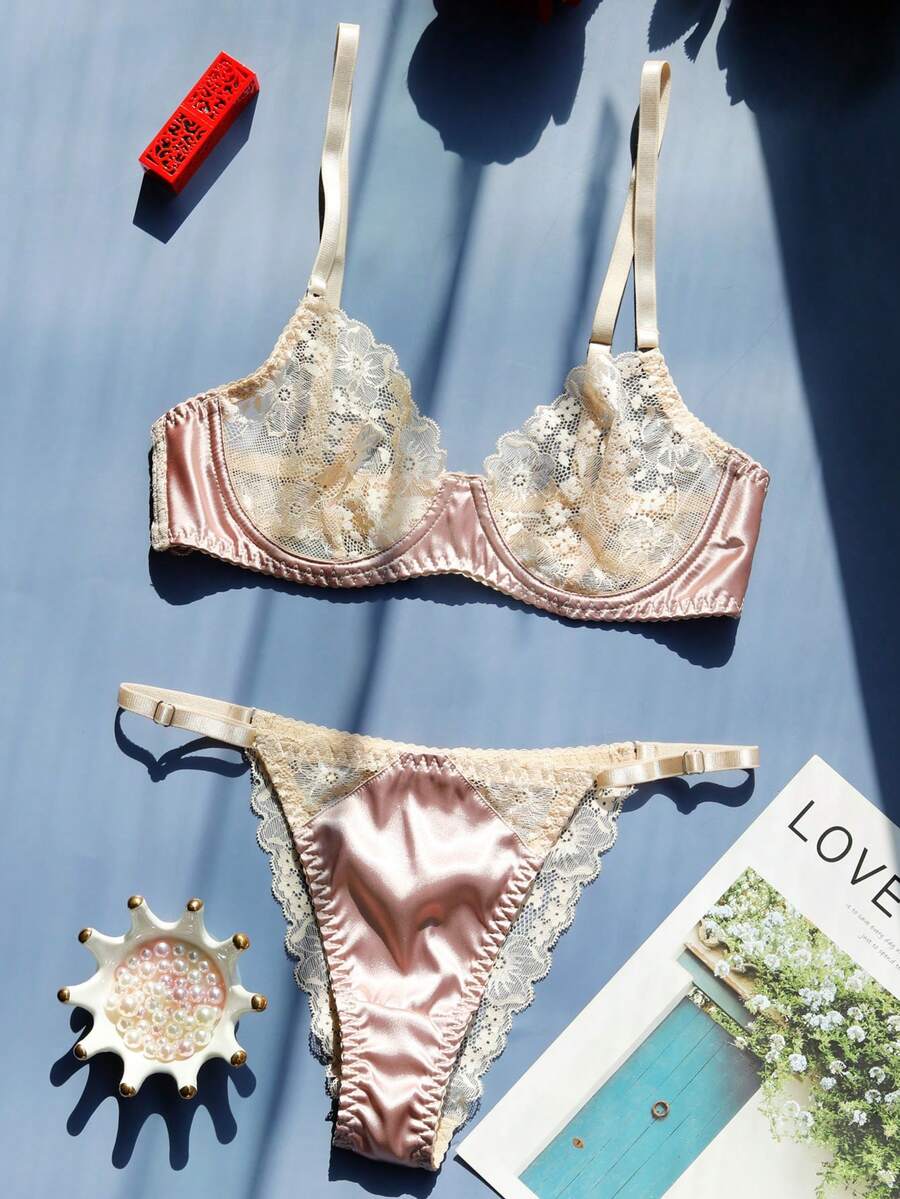 2pcs Women's Sexy Embroidered Sheer Bra Set - Apricot - View 1