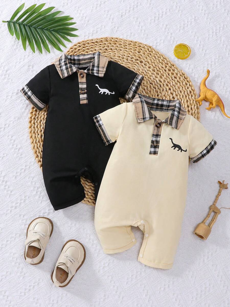 Bộ áo liền quần tay ngắn cổ polo kẻ caro in hình khủng long cho bé trai mùa hè (2 món) - Nhiều màu - Xem 1