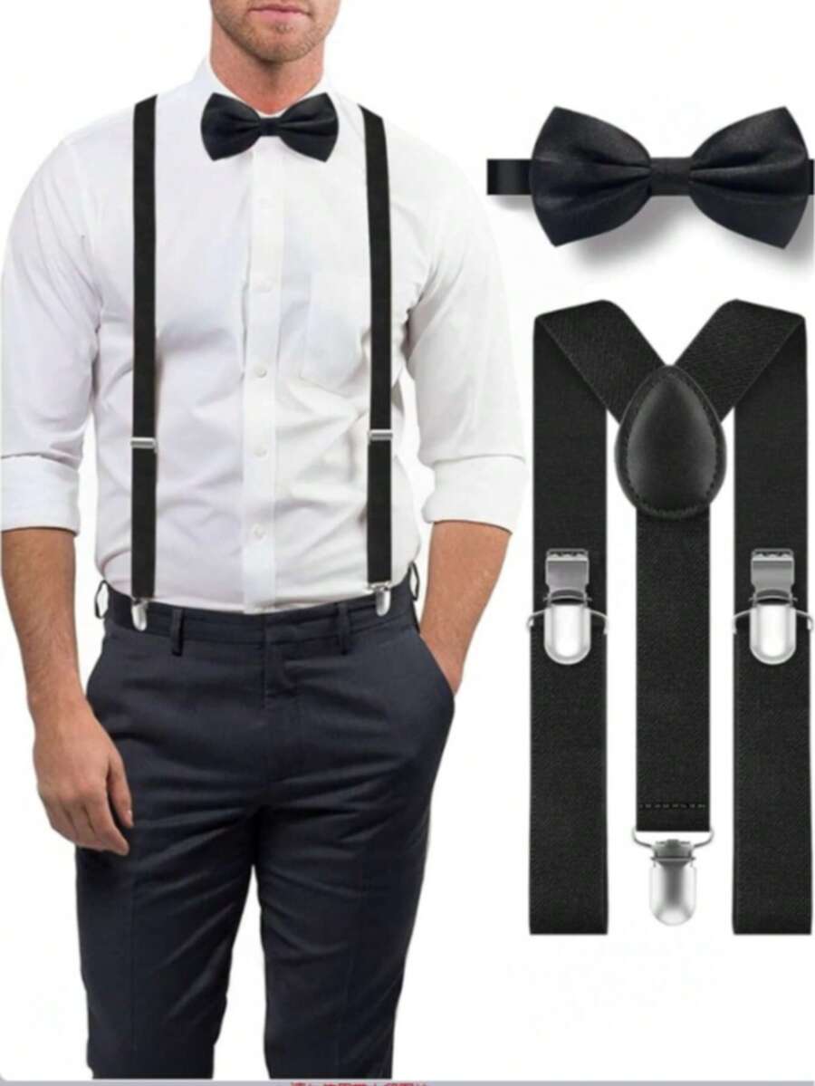 Bộ 2 món cà vạt nơ và dây đeo quần màu trơn dành cho nam: Dây đeo quần chữ Y màu trơn và cà vạt nơ tự thắt - Thích hợp cho trang phục cưới. - Nhiều màu - Xem 1