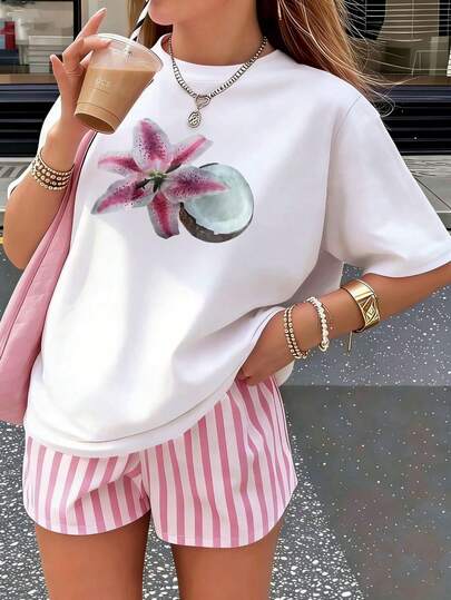 2026 Spring/Summer New Casual & Fashion Style, Young Women's Realistic Lily & Coconut Print Loose Round Neck Short Sleeve T-Shirt, Easy Care Fabric, Suitable For Spring/Summer Outing & Vacation