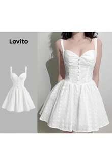 Lovito Boho Plain Dress With Embroidered Eyelets, Summer/Spring Dress For Women - 白色 - 查看 7