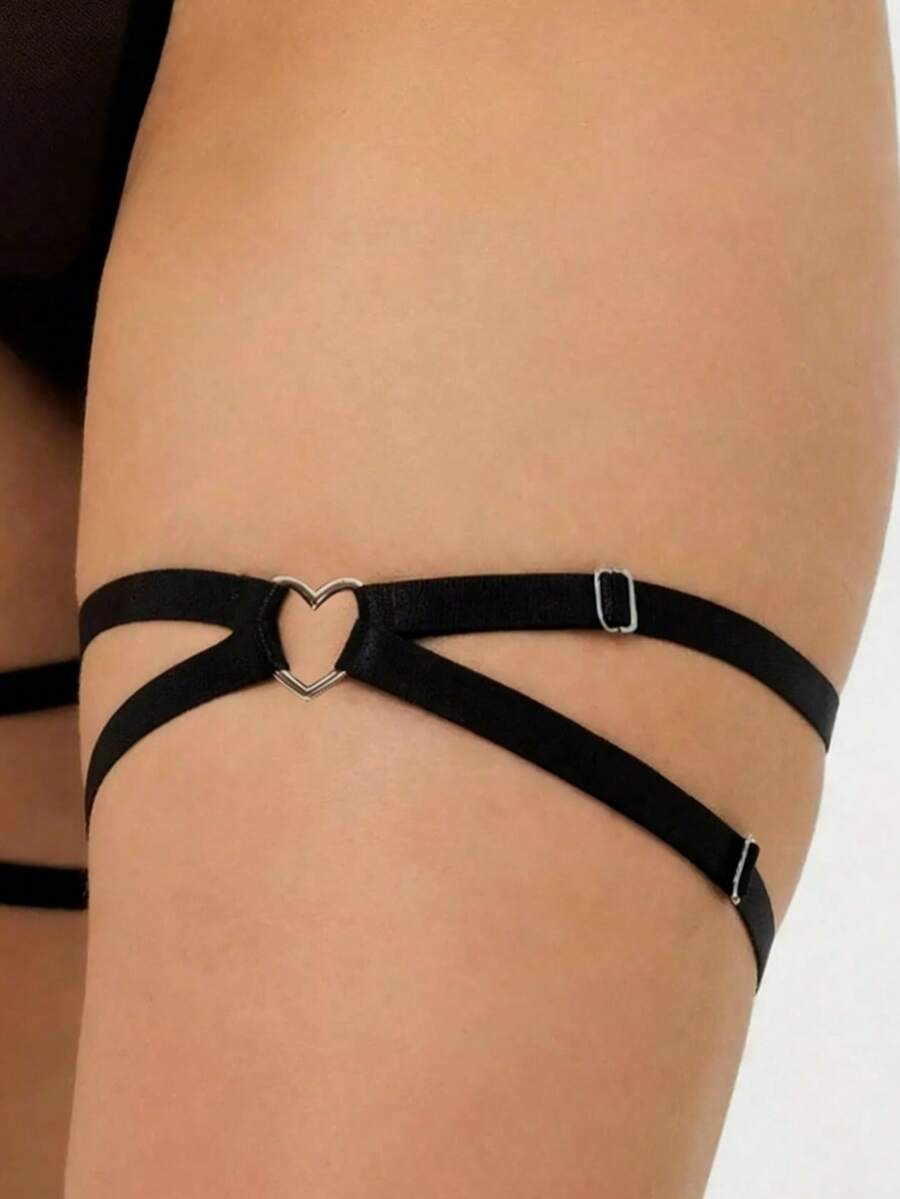 1件性感女士心形大腿吊袜带弹性交叉腿环内衣吊袜带Y2K配饰万圣节情人节 - 黑色 - 查看 1