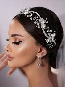 1件手工新娘头饰，合金花朵造型发饰，镶嵌水钻，交叉发带 - 銀色 - 查看 1