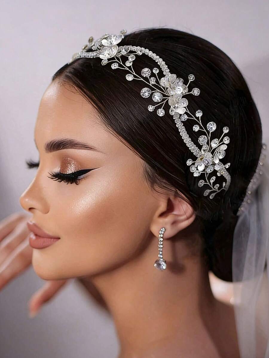 1件手工新娘头饰，合金花朵造型发饰，镶嵌水钻，交叉发带 - 銀色 - 查看 1