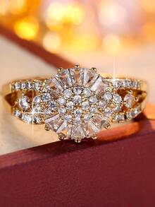 1枚闪亮向日葵戒指，奢华全镶立方氧化锆设计，优雅简约鸡尾酒戒指，高端通勤珠宝 - 戒指 - 查看 10