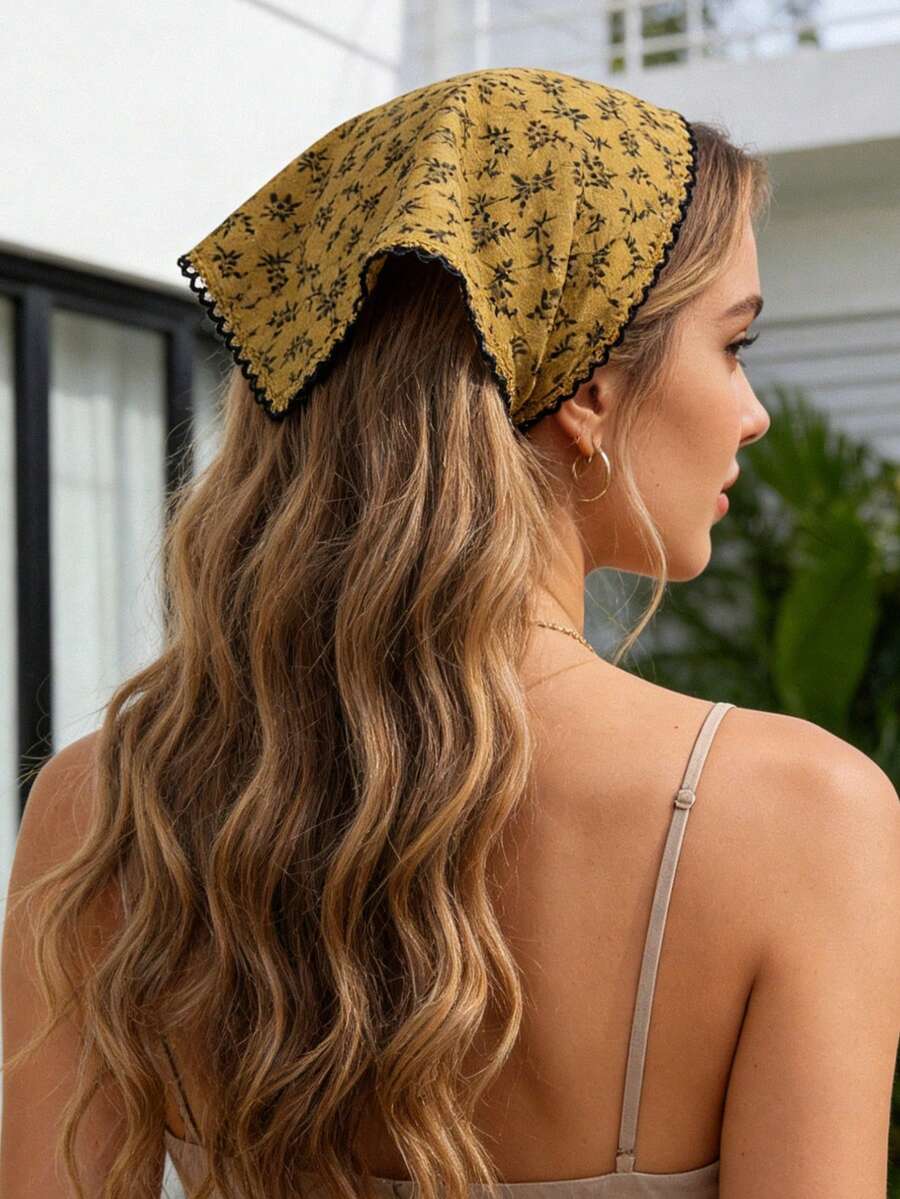 1件时尚波西米亚风碎花蕾丝花边发带，适合日常佩戴，夏季发饰，沙滩发带，女士头巾，假日旅行 - 黃色 - 查看 1