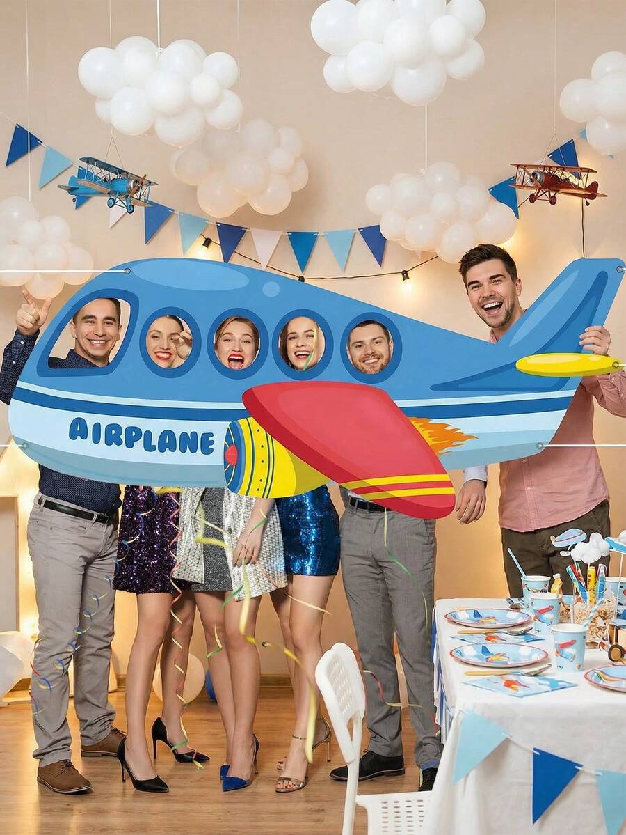 1件飛機拍照道具框,大型藍色飛機鏤空臉部切口,航空主題派對裝飾,耐用聚酯纖維材質,適用於兒童飛機生日派對、主題活動、旅行主題派對及拍照背景 - 001 - 查看 1