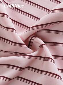 女士粉色条纹露背无袖迷你连衣裙，系带露背休闲优雅沙滩裙，夏季必备 - 粉色 - 查看 9