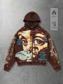 Street Life Spring/Summer Casual Graphic Men'S Street Angel Slogan Print Hoodie - 咖啡棕 - 查看 4