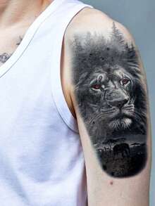 4 Sheets Big Size Body Art Temporary Tattoo Stickers For Men , Black Realistic Animal Style Lion And Tiger Pattern, Waterproof Fake Tattoo, Lasts 2-5 Days, Covering Scars, Can Be Used On Arms Wrist Shoulders Legs Waist Neck Hand Chest Thighs Fingers, Suitable For Body Dressing, Vacation, Gift, Party, Music Festival - Color - View 3