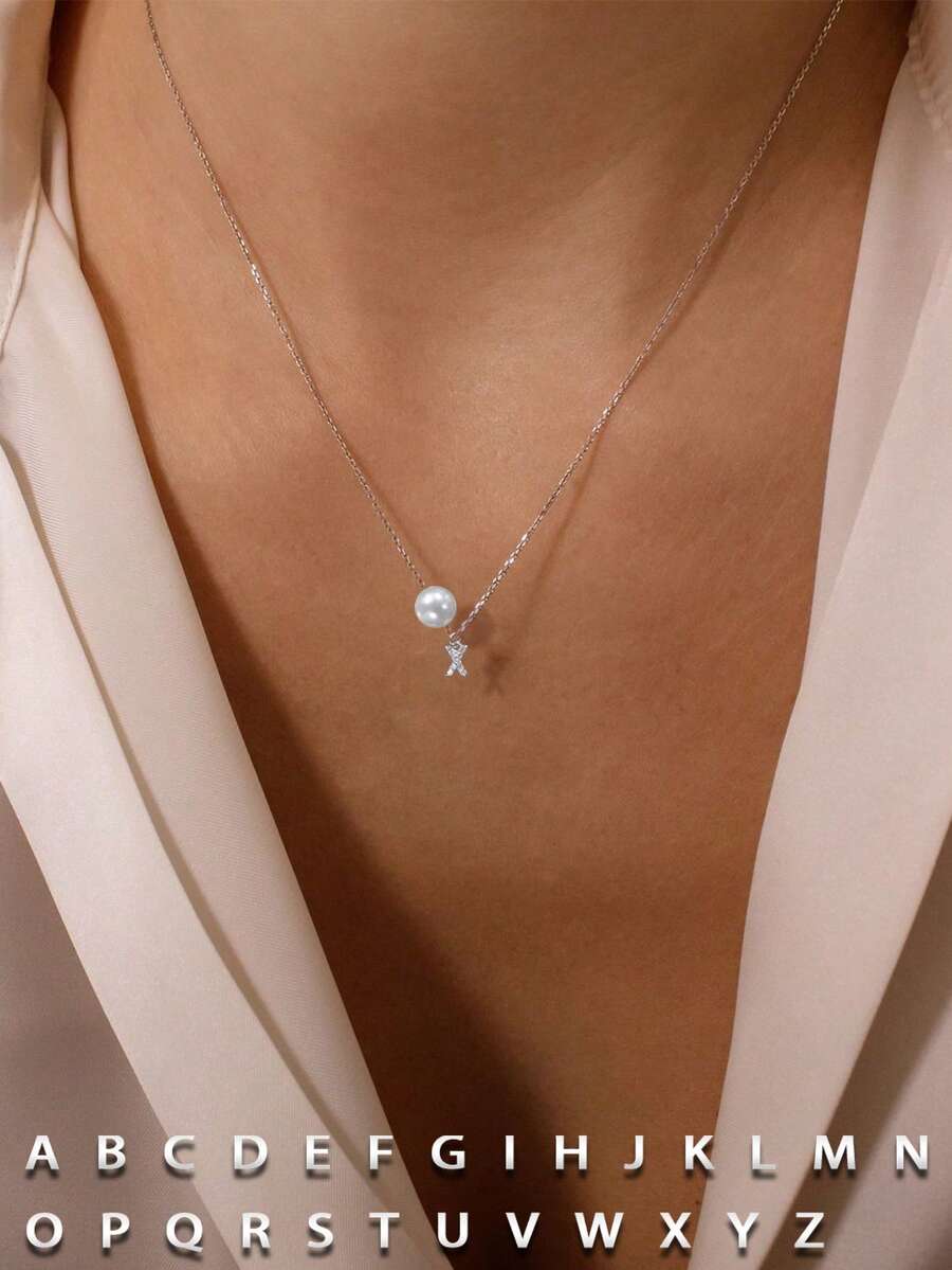1 chiếc vòng cổ ngọc trai Zirconia bạc Sterling S925, mặt dây chuyền chữ cái A-Z mạ bạch kim, vòng cổ chữ cái ngọc trai vỏ sò, quà tặng Ngày của Mẹ/Sinh nhật/Tốt nghiệp cho phụ nữ - Loạt thư - Xem 1