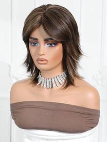 12 Inch Deep Brown Highlight Layered Short Wavy Wig, Textured Women's Wig, Deep Brown Hair, Short Wig, Layered Wig, Everyday Wig, Office Wig, Street Wig, Date Wig, Women's Hair, Suitable For Teenage Girls And Young Adults - Màu nâu highlight - Xem 5