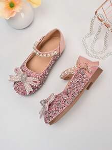 Nuevos zapatos de estilo Mary Jane con diamante de imitación de moda para niños, zapatos de princesa para niños con lazo de perlas y brillo rosa - Rosa - Ver 4