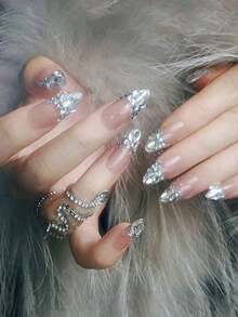 24pcs Silver Diamond French Press-On Nails For Women & Girls, Long Almond Full Cover Fake Nails With Sparkling Rhinestone French Tips, Elegant Acrylic Nails For New Year, Valentine's Day, Party, Wedding, Bridal, Reusable DIY Nail Kit Includes Jelly Glue & Nail File, Nail Supplies - Bạc - Xem 2
