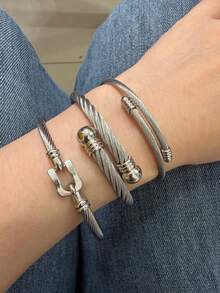 3pcs Set Stainless Steel Twisted Braid Minimalist Bracelet For Women - Silver - View 3