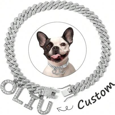 Fashionable Zinc Alloy Cuban Link Pet Collar, Rhombus Design Unique And Avant-Garde, Inlaid With Rhinestones To Enhance Overall Appearance, Adjustable Size For Comfortable Fit, Durable And Stylish, Suitable For Cats And Dogs