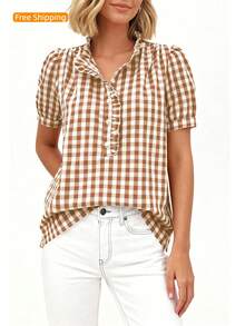 Puff Sleeve Striped Ruffle Blouse V Neck Button Front Summer Top Chic Casual Work Office Outfit For Women - Khaki Plaid - View 5