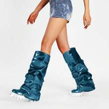 Women's Platform Round Toe Mid Calf Boots With Chunky Heel - Blue - View 6