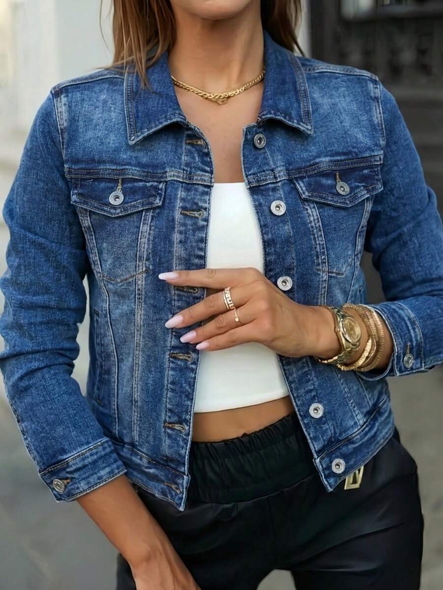 女款經典classic牛仔衣 附彈性 水洗 秋季 Women's denim jackets Women's coats Women's tops Women's jackets Stretch denim jackets Outerwear Comfortable Everyday Fall Summer Fall Vacation OutingCasual休閒帆布 - 深藍 - 查看 1