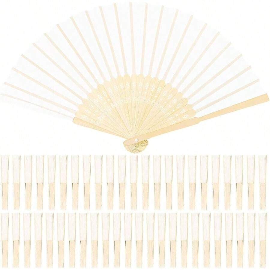 - Abanico plegable de bamb de seda de 48 piezas, abanico de mano para decoracin de bodas, fiestas - Blanco - Ver 1