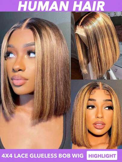 Tóc giả ngắn kiểu bob 4x4 trong suốt, chất liệu tóc thật, có tóc con, mật độ 150, không cần keo dán, đã được tỉa sẵn, màu vàng mật ong 4/27, kiểu tóc thẳng, chiều dài 8, 10, 12, 14, 16 inch, sẵn sàng sử dụng cho nữ.
