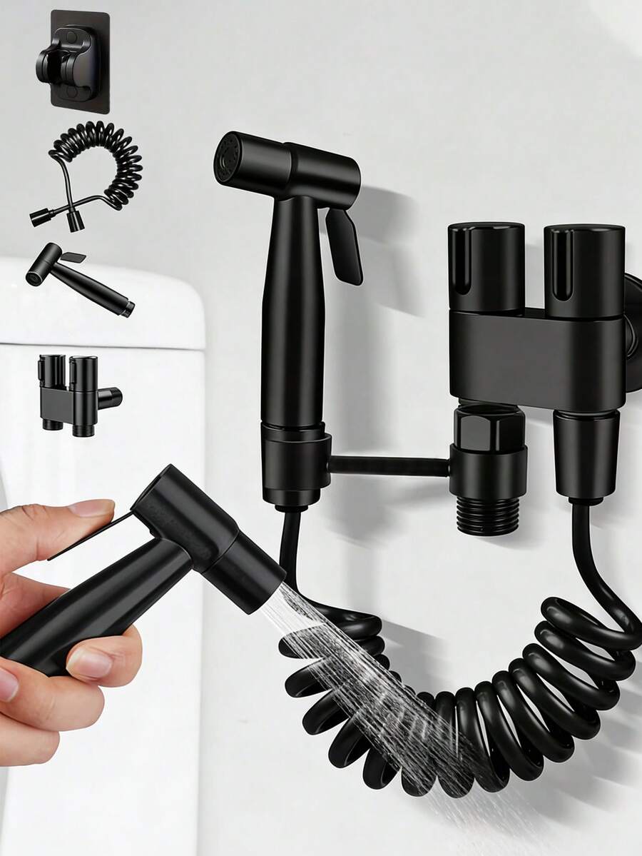 6pcs Wall-Mounted Handheld Spray Gun Set, High Pressure Bidet Sprayer Kit Includes ABS Plastic Spray Gun, Brass Core Dual Control Valve, No-Drill Bracket, Sealant Tape And Flexible Hose, Easy Installation Bathroom Accessories Suitable For Toilet, Shower, Bathtub, Washing Machine, Home And Hotel Bathrooms, Modern Bathroom, Household Toilet And RV, Ideal For Holiday Gifts And Bathroom Renovation