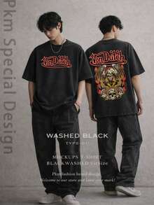 Men Black Vintage Wash Streetwear Brand Street Style 100 Percent Cotton T Shirt Vons Dutchs Eagle Skull Graphic And Text Casual Outfits Front And Back Print Retro Heavyweight Tee Perfect Gift Loose Comfortable Breathable Machine Washable Fabric Hip Hop Cool Style Drippy Clothes Y2K - 黑色 - 查看 3