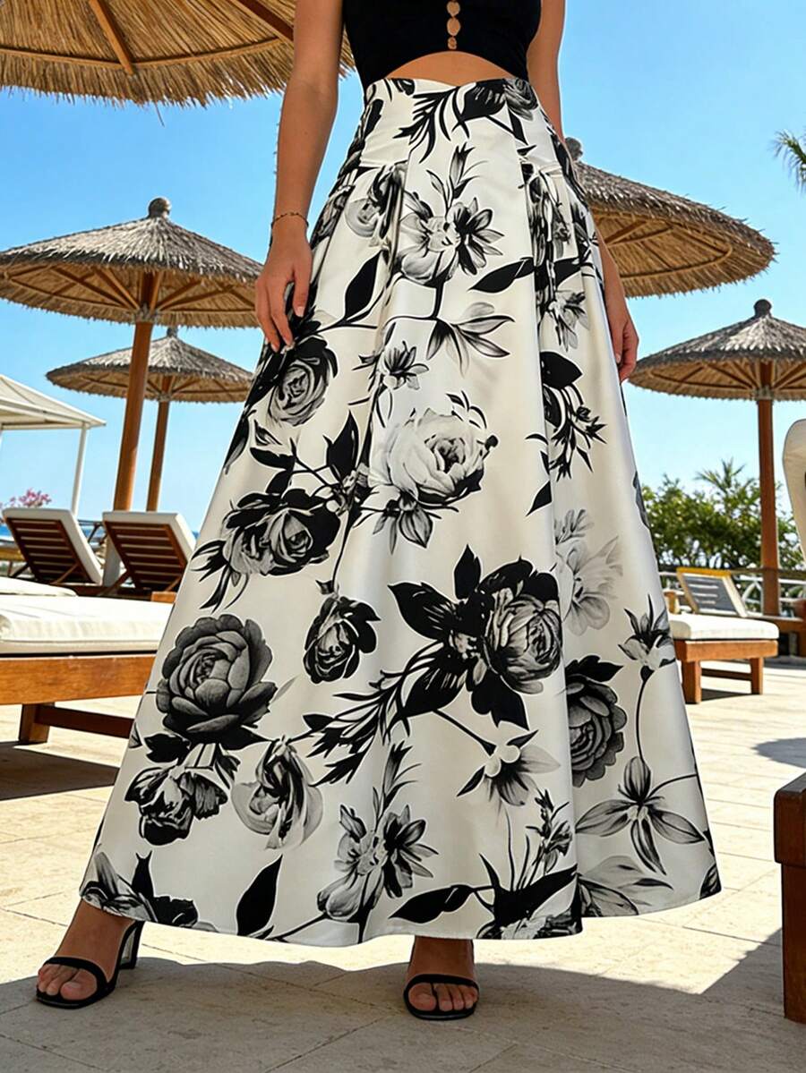 Floral Print Casual Elegant Woven Fabric Drawstring Waist Beach Vacation Midi Skirt, Spring/Summer White - White - View 1