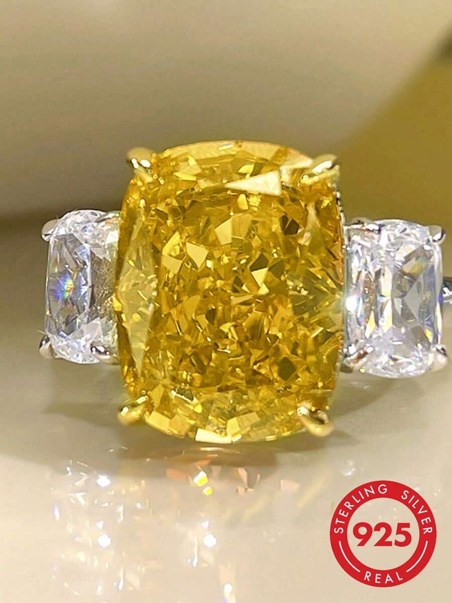 1 chiếc nhẫn hình chữ nhật đính kim cương vàng lấp lánh, làm từ bạc nguyên chất, sang trọng và lãng mạn, thiết kế độc đáo, phù hợp cho các buổi dạ hội, hẹn hò và các dịp khác, món quà trang sức tinh tế dành cho phụ nữ, quà sinh nhật.