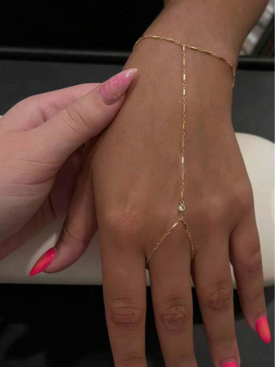 Dainty Minimalist Cubic Zirconia Finger Chain Bracelet For Women, Spark Inlaid Adjustable Hand Linked Ring Bracelet,  Fashion Thin Hand Jewelry For Daily Dating Party Gathering Gift - 金色 - 查看 1