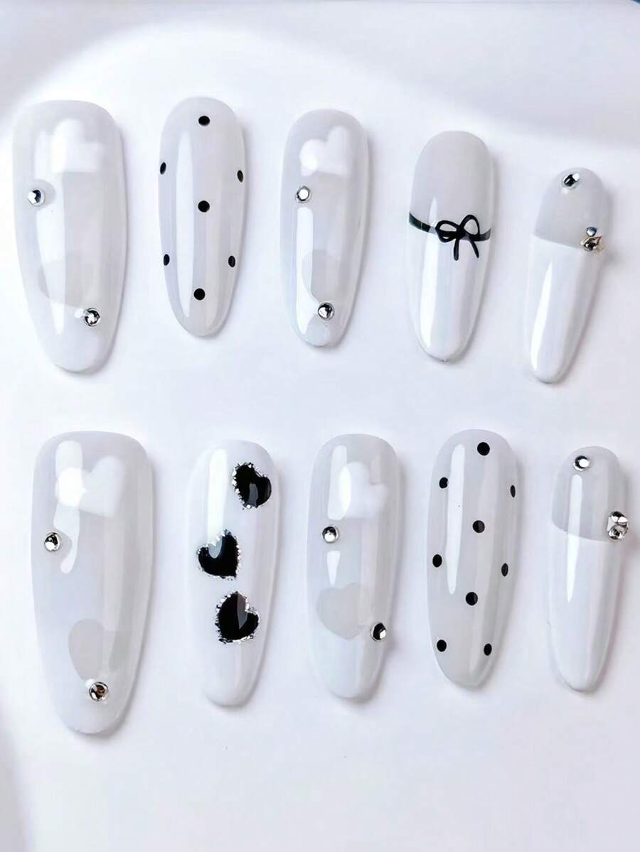 10pcs Set White Base Handpainted Heart, Polka Dot, 3D Bow & Rhinestone Decor Nail Art Stickers, Elegant & Sophisticated Design, Suitable For Party, Concert, Daily Wear, Reusable With Nail Glue & File Press On Nails - Black - View 1