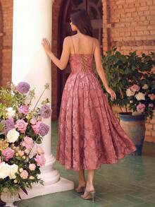 优雅女士宽肩带方领无袖高腰露背系带A字中长连衣裙，适合舞会、生日派对、正式晚宴、返校节、婚礼宾客、鸡尾酒会、家庭聚会等场合。 - 紅色 - 查看 3