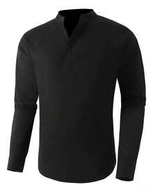 Men's Cotton Linen Long-Sleeved Shirt - 黑色1 - 查看 3