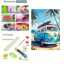 1pc 5D DIY Diamond Painting Kit, Unique Acrylic Full Round Diamond Mosaic Art Craft Canvas, Beach Surfing Bus Theme Design, Suitable For Wall Decor, Living Room, Bedroom, Office, Perfect Creative Handcraft Art Holiday Gift (Unframed) - round diamond - View 3