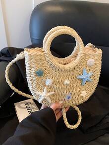 1个贝壳和海星装饰草编包，可拆卸链条迷你编织手提包，女士夏季沙滩包，休闲斜挎包 - 米色 - 查看 7
