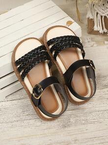 Giày sandal đế xuồng dệt màu đen mới cho bé gái mùa hè, khóa kim loại kiểu retro, chống trơn trượt. - màu đen - Xem 5