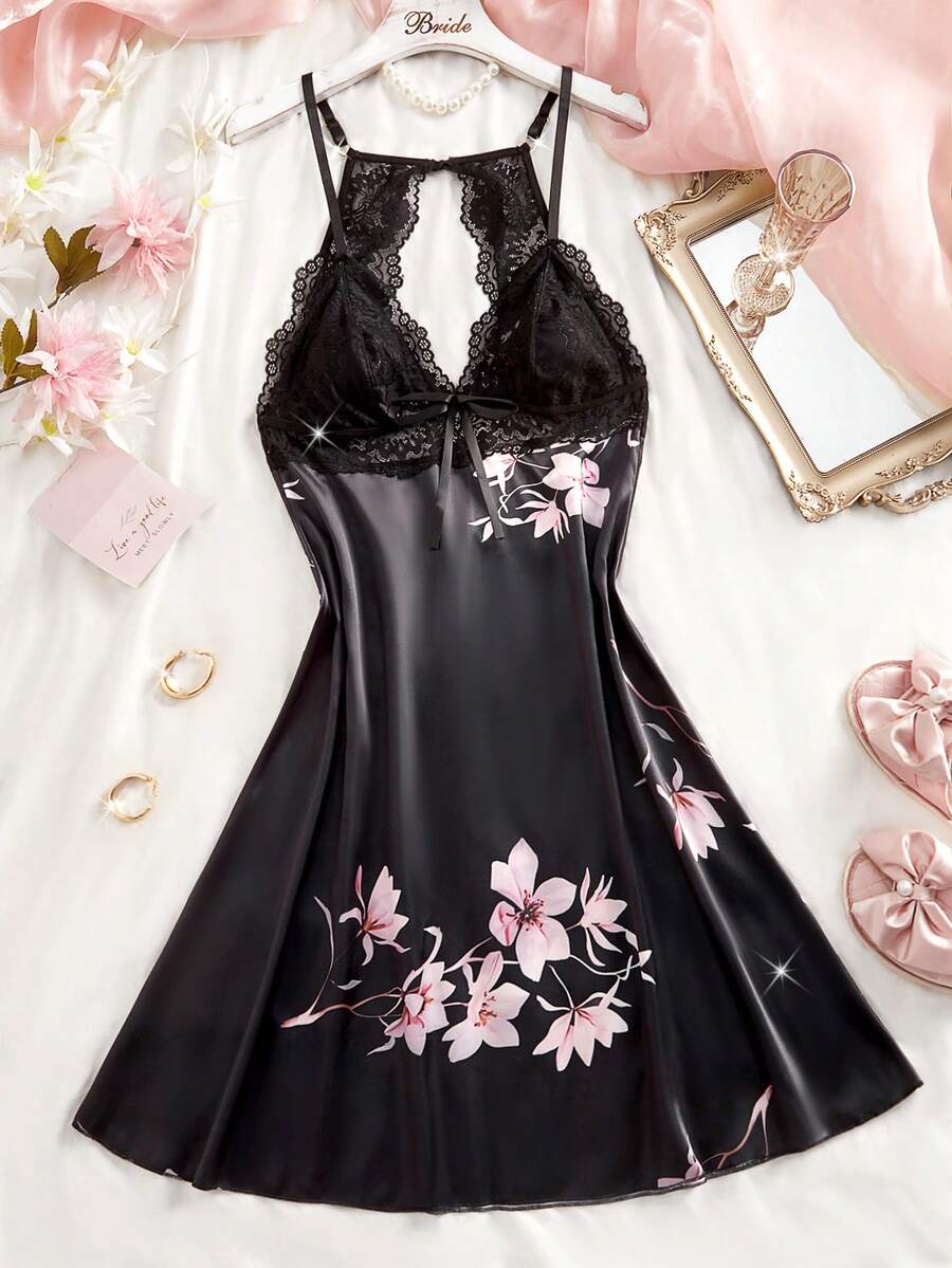 女士性感内衣套装，可调节肩带三角罩杯蕾丝边缎面睡裙，性感露背花卉图案系带舒适睡衣