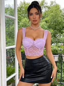 Women's Elegant Sexy Lavender Sheer Lace Cropped Camisole Top - Purple - View 2