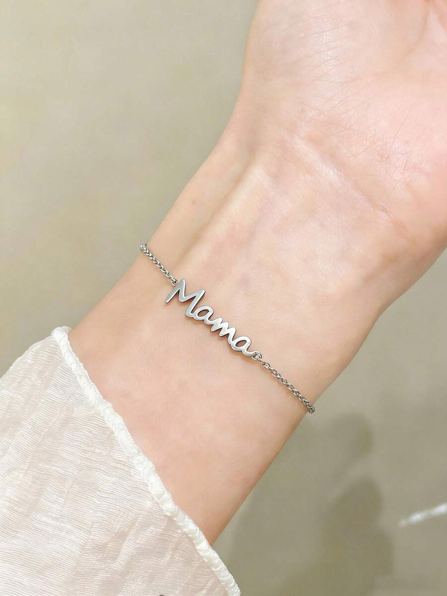1 Stück 18K vergoldetes Edelstahl "Mama" Buchstaben Kette Armband, minimalistischer, lässiger und vielseitiger Schmuck, perfektes Muttertagsgeschenk für Mama - Silber - Übersicht 1