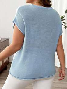 Plus Size Deep V-Neck Knit Top, Semi-Sheer Drop Shoulder Design, Regular Length, Slightly Stretchy Summer - Baby Blue - View 2