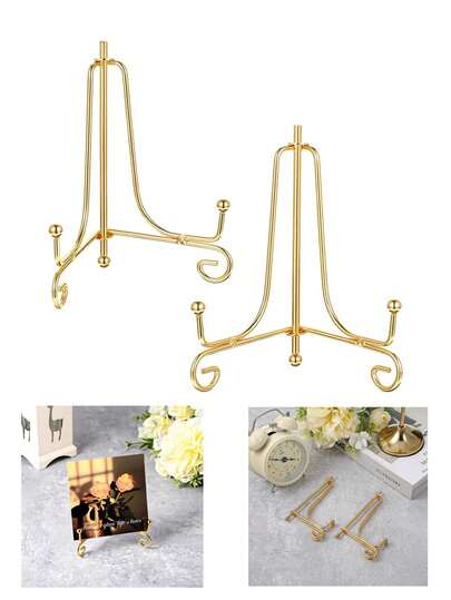 2pcs- Plate Stand, Picture Frame Stand, Display Stand – 4-Inch Gold-Finish Iron Desktop Photo Frame Stand For Decorative Plates And Cards – Ideal For Home And Office Decor, Photos