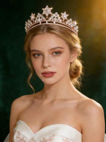 1pc Elegant Women's Crystal Pentagram Crown, Bridal Wedding Headpiece, Party Decoration Hair Accessory