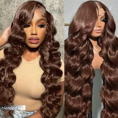 13x4 Body Wave Lace Front Wigs Human Blended Hair Pre Plucked HD Transparent Lace Frontal Wig With Baby Hair 180% Density Glueless Brazilian Virgin Human Blended Hair Lace Front Wigs For Women Brown 22Inch